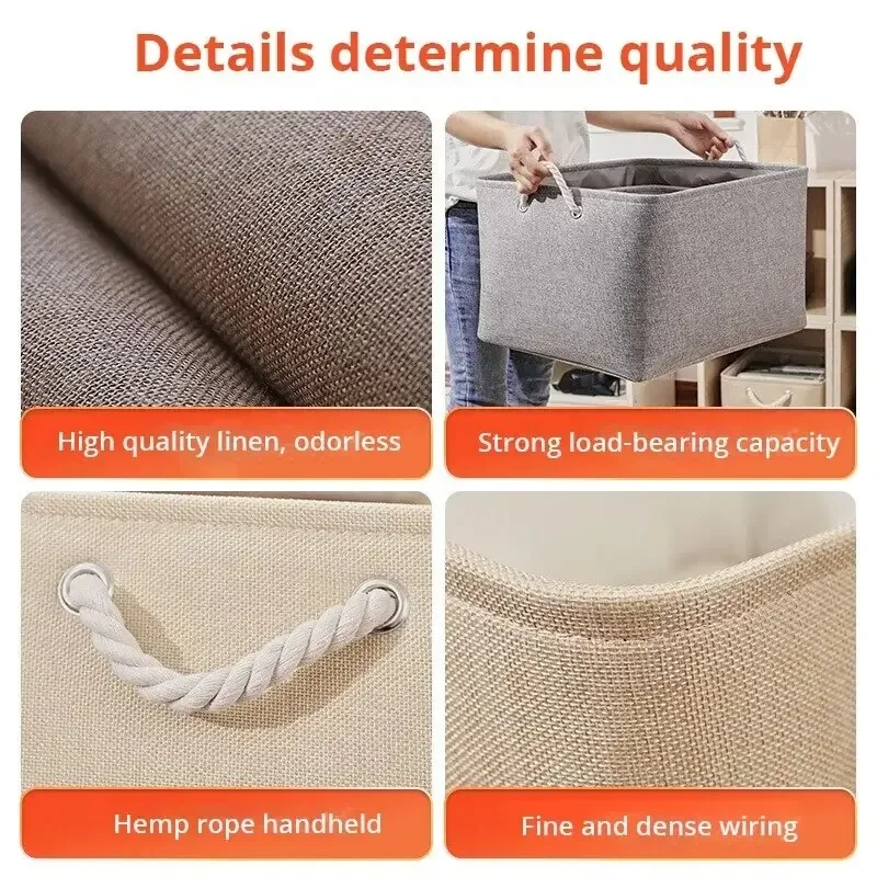 1Pc Beige/Grey Folding Storage Basket Linen Storage Fabric Wardrobe Office Bedroom Closet Toys Laundry Basket With Handle 3
