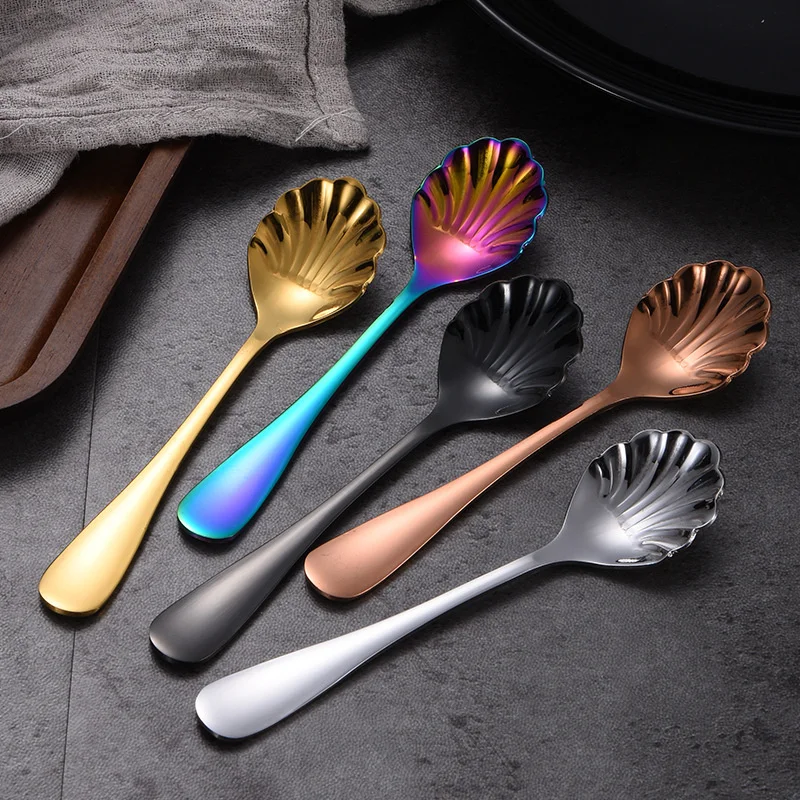 Creative Stainless Steel Shell Spoon Non-slip Multi-color Coffee Mixing Spoon Multi-purpose Dessert Spoons Kitchen Accessories