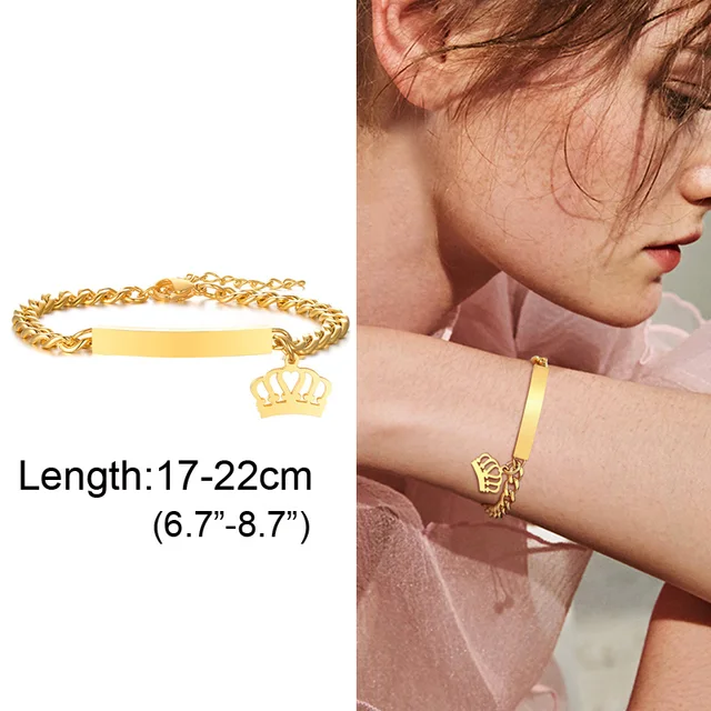 Custom Personalized Name Baby ID Bracelet, Stainless Steel Curb Chain Link Crown Bracelet Newborn Gilrs Boy Gifts Not Allergic BR-1005G-17 gold