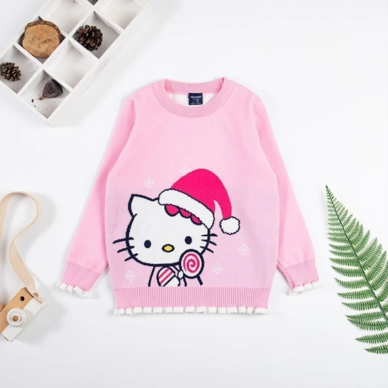 

Girly Heart Kawaii Sanrio Hello Kitty Anime Long Sleeve Sweater Cute Kt Cat Knit Bottom Shirt Hooded Baby Clothes Gifts for Kids