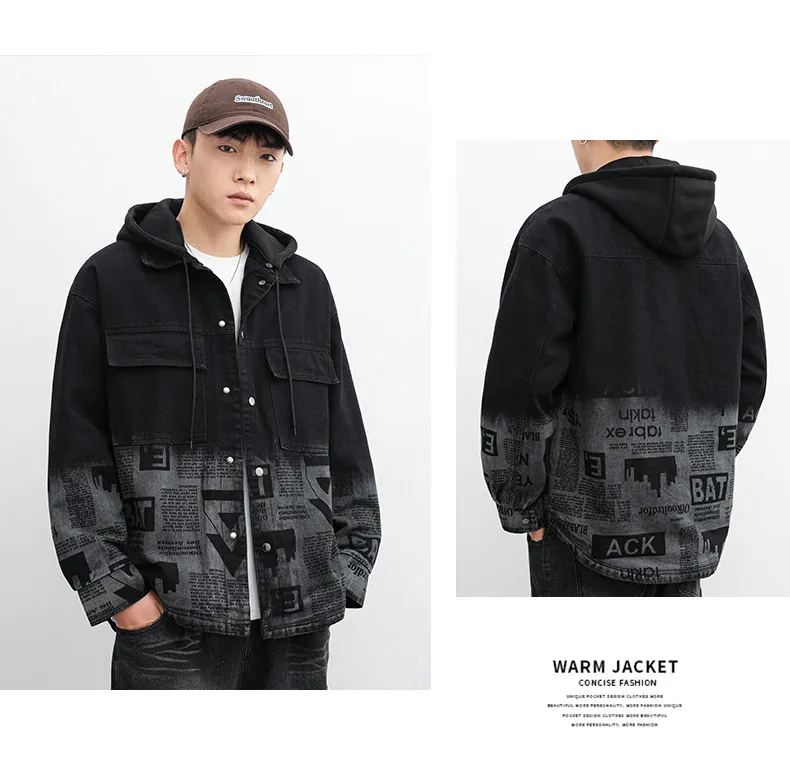 Hochwertige Herren-Jeansjacken mit Kapuze aus Baumwolle, Frühjahr/Herbst 2026, Lässige Jeans-Jacke für Jugendliche, Hip-Hop Streetwear Mantel, Lockere Oberbekleidung – Detail 9