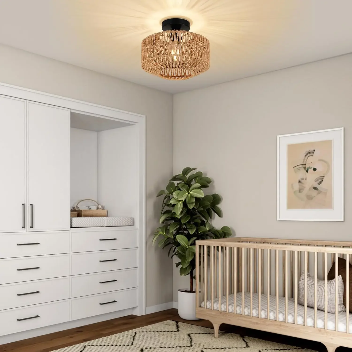 Boho-Leuchten, Deckenmontage, Rattan-Kronleuchter, handgewebte Deckenleuchte, Unterputzmontage für Flur, Schlafzimmer, Küche, Wohnzimmer – Detail 6