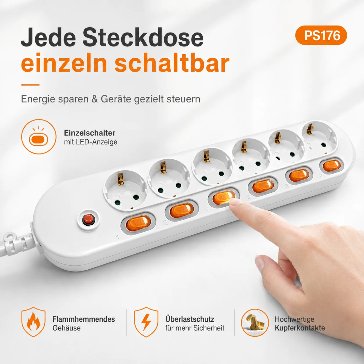 Enhanced Power Strip with Surge Protection - EU Plug, Multiple Outlets, Independent Control Switches, Long-Duration Cord