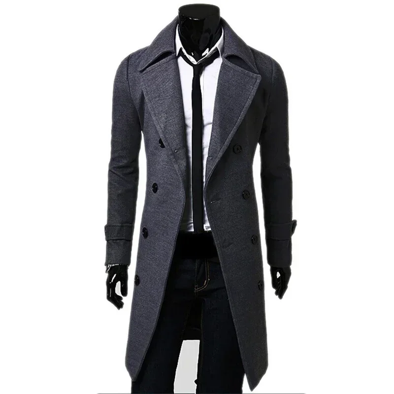 Mens Double Breasted Trench Coat Wool Blend 2023 Autumn