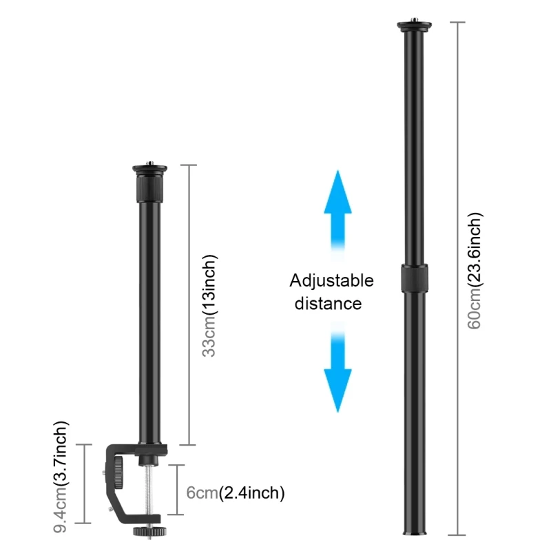 PULUZ C Clamp Camera Mount Light Stand Telescopic Extension Tube Central Shaft Metal Rod Monopod Holder Kit, Rod Length: 33-60cm
