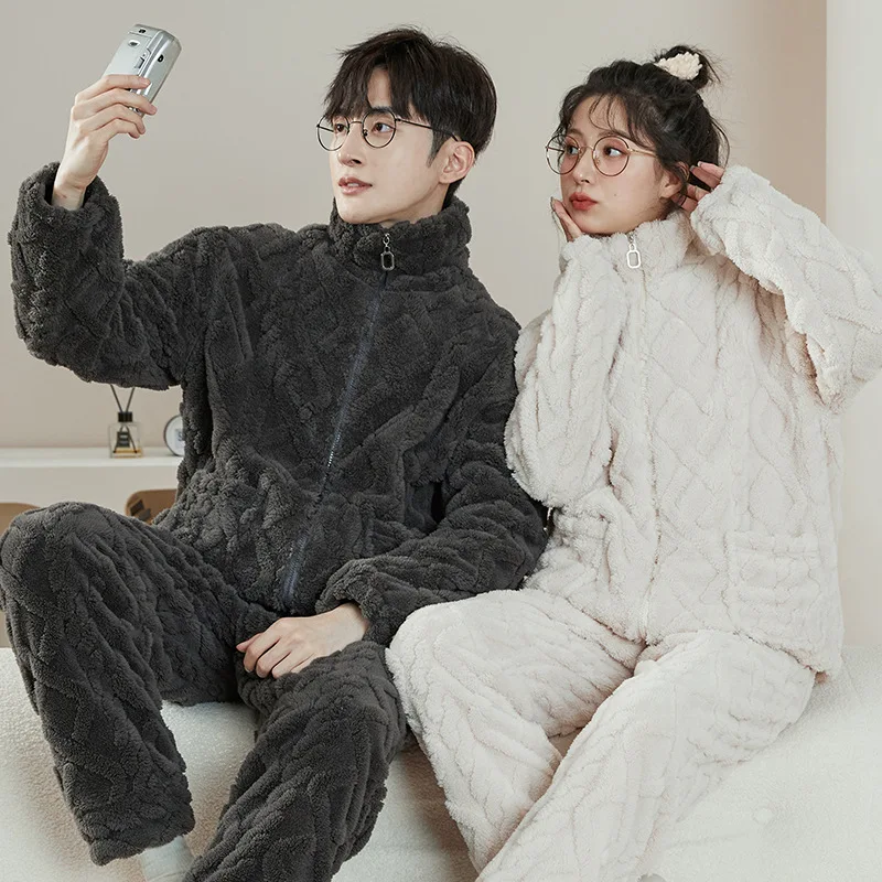 Zipper Flannel Winter Sleepwear for Couples Korean Fashion Women and Men Matching Pajama Set Coral Fleece Pijamas Hombre Pyjamas winter warm flannel women sleepwear cute cartoon print pajama 2 piece set pullover coral fleece pijamas women home suit