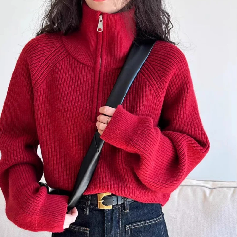 New Fashion Semi-turtleneck Zipper Red Knitted Sweater Women's New High-waisted Sweater Loose Casual Top