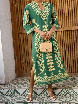 Elegant 3 4 Sleeve V-Neck Maxi Dress with Retro Print Perfect for Ramadan Arab Robe Caftan Gowns for Women 2