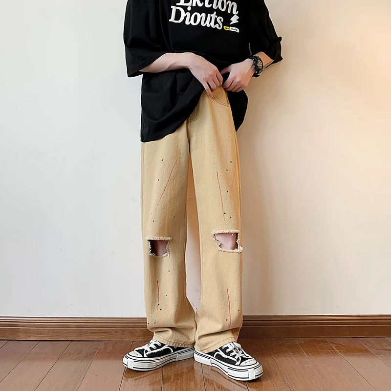 

Khaki Ripped Holes Graffiti Jeans Men Summer Baggy Denim Wide Leg Trousers Washed Vintage Casual Hip Hop Fashion Bottoms
