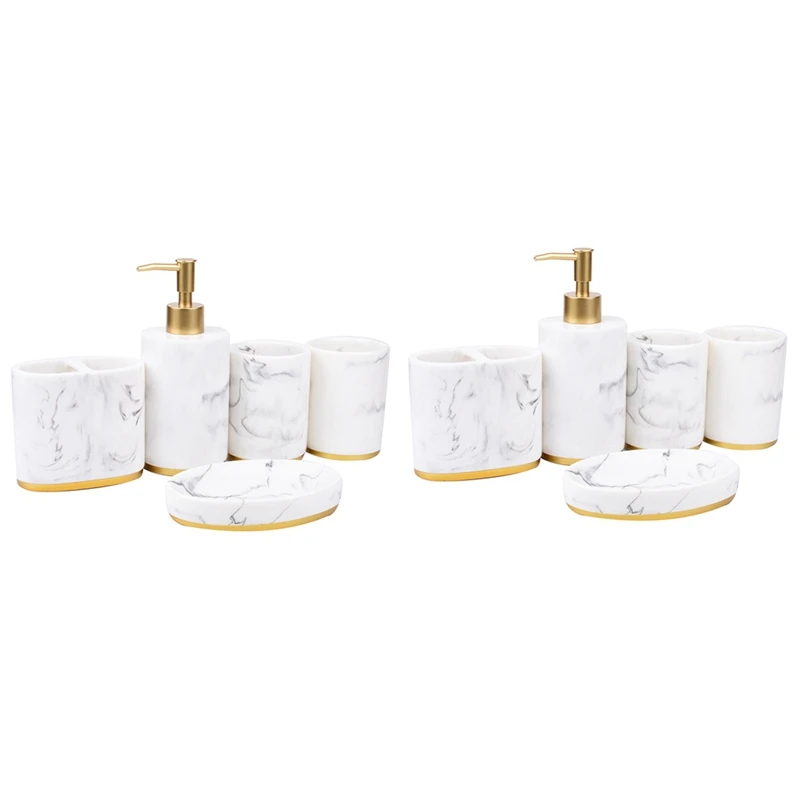 

10Pieces Bath Ensemble, Bath Set Collection Marble Pattern Soap Dispenser Pump, Toothbrush Holder, Soap Dish