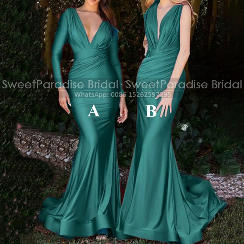 

Sexy Deep V Neck Mermaid Bridesmaid Dresses With Long Sleeves Emerald Green Pleat Sheath Wedding Party Dress