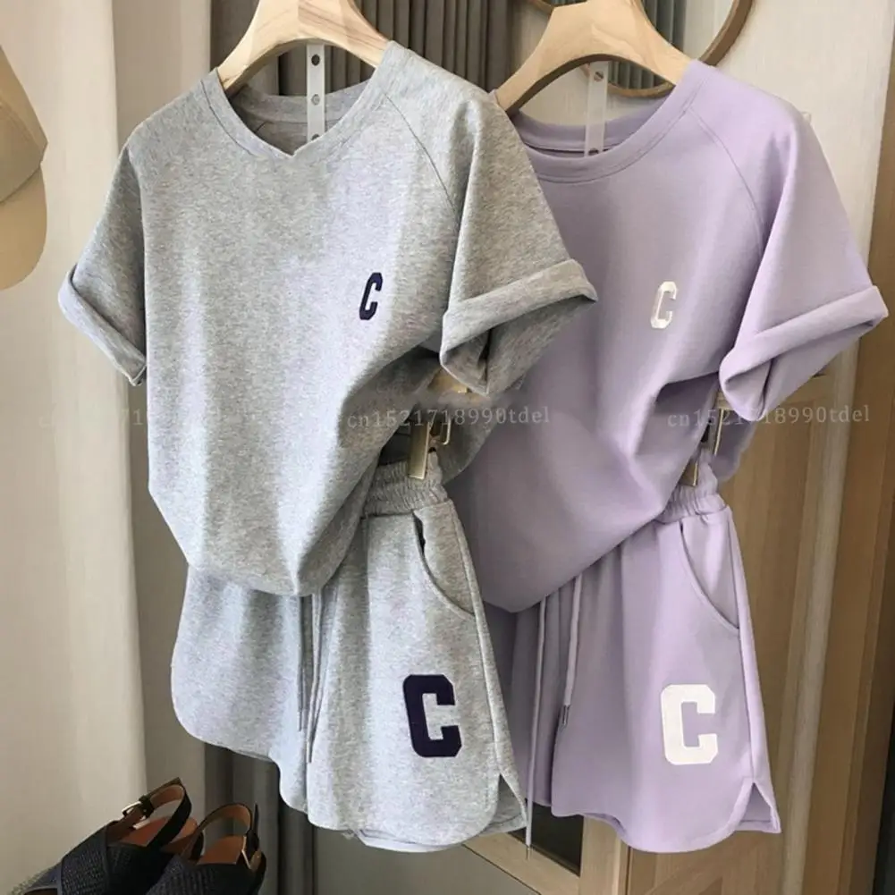 2 Pcs/Set Trendy Comfortable Women Top Shorts Set Pockets Above Knee Length Lady T-shirt Shorts Set Daily Wear 2023 summer new solid color turn down collar short sleeve zipper polo shirts and casual elastic waist pockets knee length pants