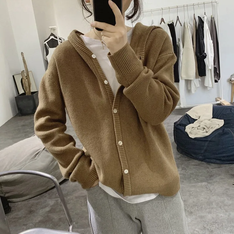 여성용 후드 가디건, 단색 뜨게 싱글 브레스티드, 긴팔 여성 의류, 직송 XY135979