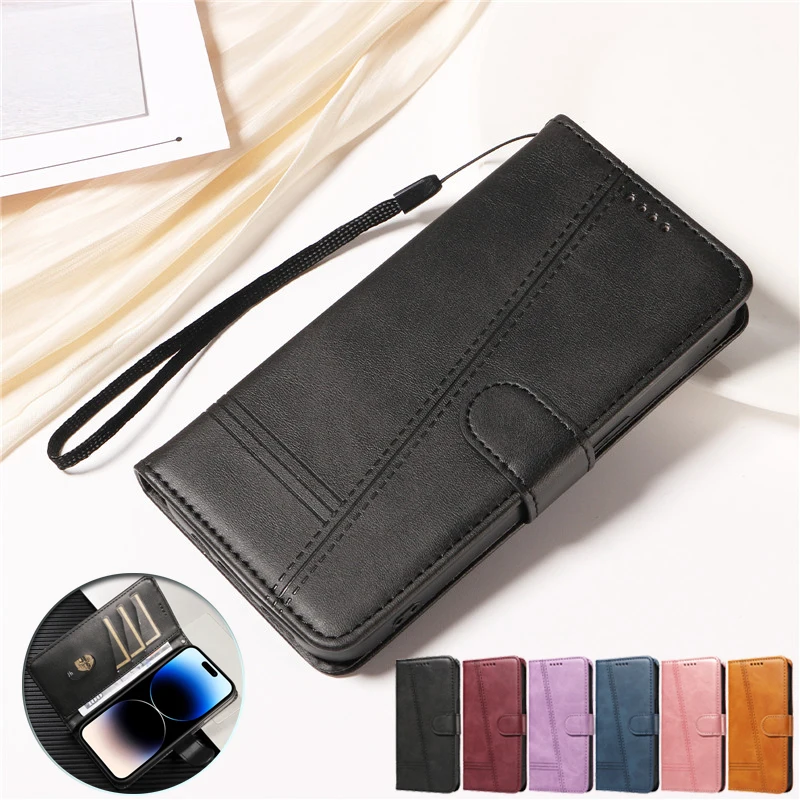 Retro Lines Leather Flip Wallet Case with Card Slot - Stylish and Functional Phone Cover
