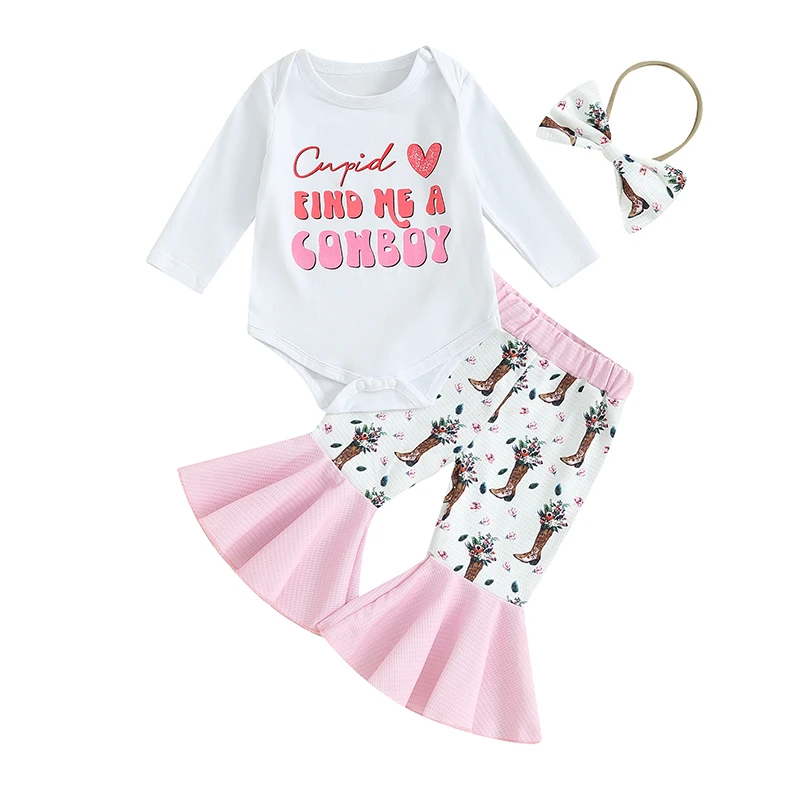 

Baby Girls Valentine´s Day Outfits Letter Heart Print Long Sleeve Rompers Flare Pants Headband 3Pcs Fall Clothes Set