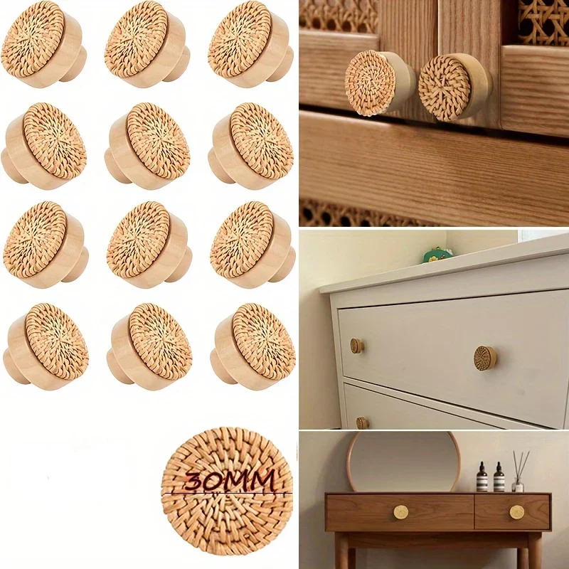 Door Handles Solid Wood Circular Small Rattan Weaving Creative Single Hole Cabinet Wardrobe Shoe Drawer Hardware Minimalist
