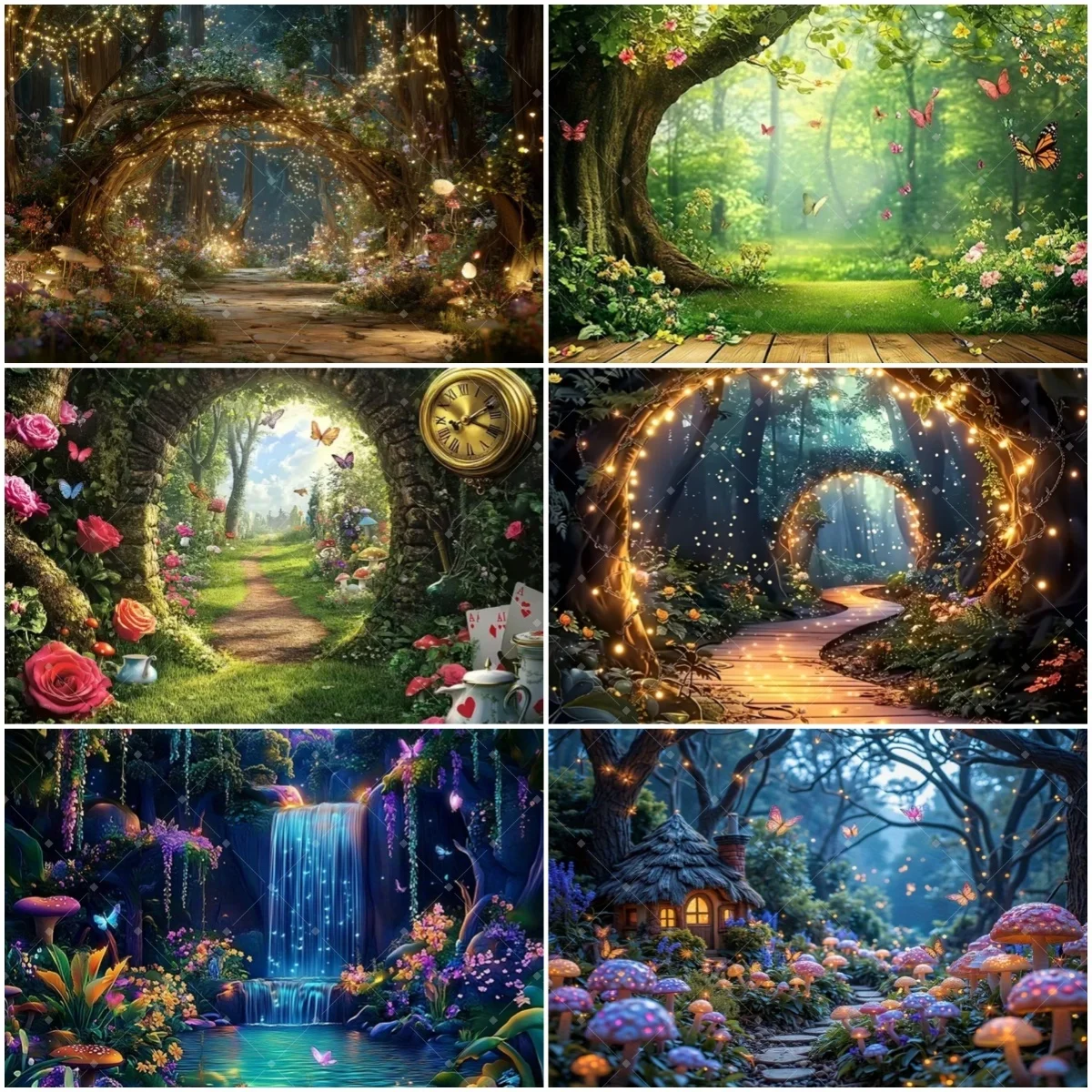 Magischer Wald-Wunderland-Hintergrund mit Blumen, Schmetterlingen, Märchenpilzen und Natur-Dschungel-Motiven für Hochzeiten und Geburtstagsfeiern – Detail 1