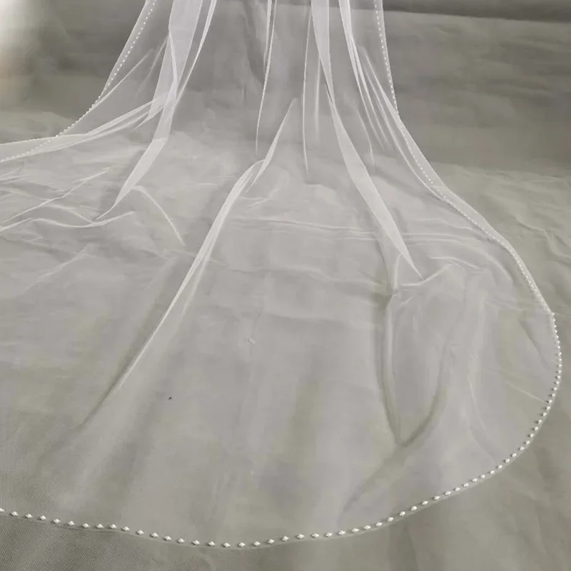 White Champagne Ivory 1 Tier Cathedral Wedding Veil Crystal Edge Beaded Trim with Comb