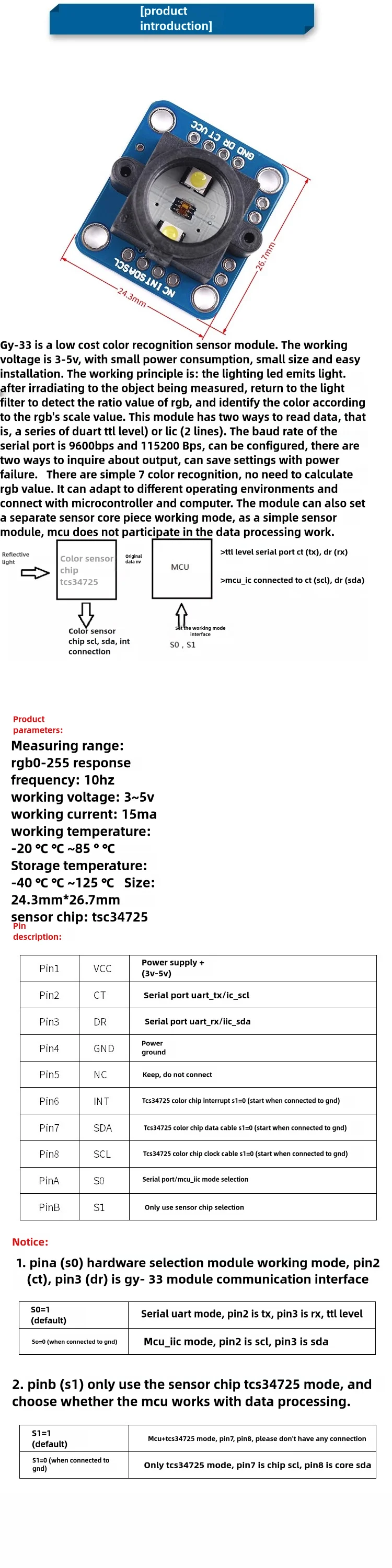 Snvi GY-33 TCS34725 Farbsensor-Modul RGB-Farberkennung Farberkennungsmodul Ersatz für TCS230 TCS3200 für Arduino – Detail 1