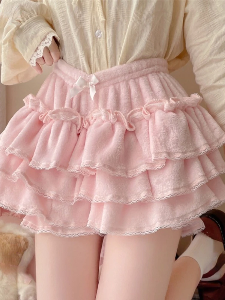 

Harajuku Sweet Lolita Shorts Skirts Autumn Winter Plush Bloomers Y2k Japanese Kawaii Knickers Women Lace Bow Safety Short Pants
