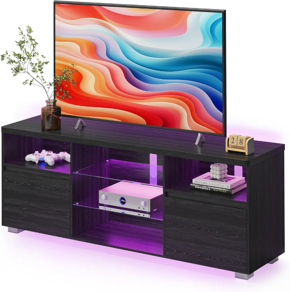 

VASAGLE TV Stand with LED Lights for TVs up to 70 Inch, Entertainment Center with Open Glass Shelves, 2 Cabinets with Doors