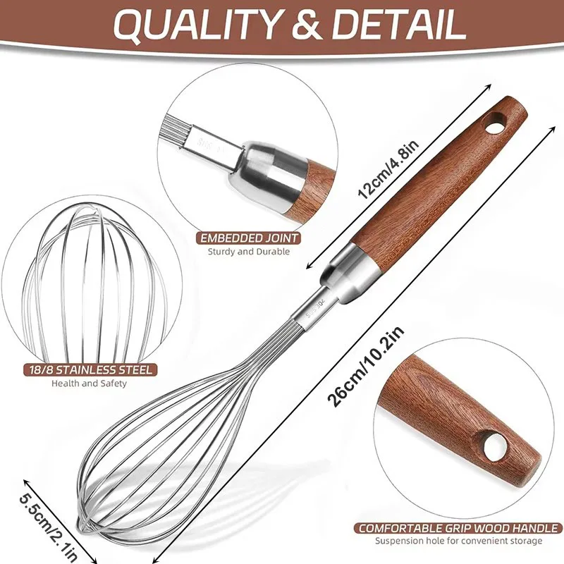 Stainless Steel Wire Whisk Kitchen Egg Beater for Blending Whisking Beating Frothing Stirring Batters Wooden Handle egg beater,wire whisk