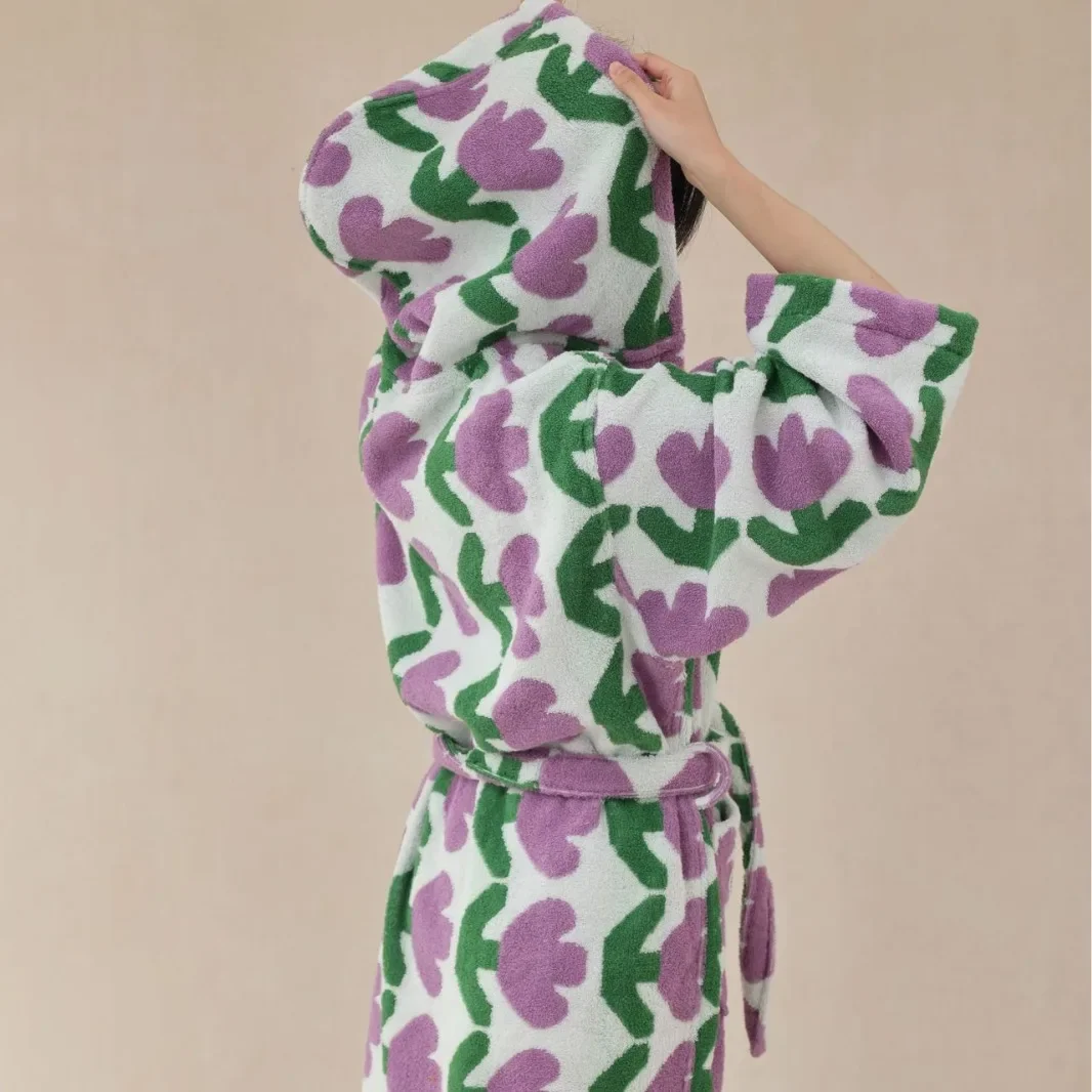 Terry Towel Long Kimono Bathrobe Thicken Long Staple Cotton Hooded Robe Print Tulips Sleepwear Women Girls Home Wear Nightdress