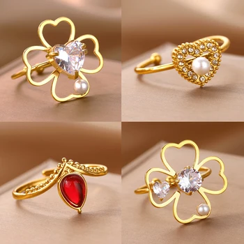 Zircon Heart Four Clover Rings for Women Stainless Steel Gold Color Waterdrop Crown Ring Aesthetic Wedding Waterproof Jewelry