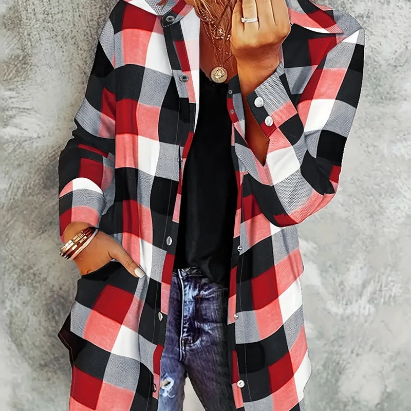 

2024 Spring Autumn New Women's Clothing Plaid Single-Breasted Long Sleeve Shirt