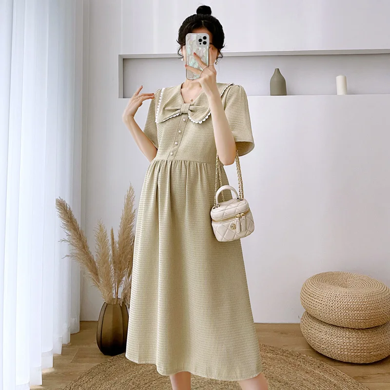 

Maternity Dress Summer Simple Temperament 2022 New Short-sleeved Bow Skirt Loose Black Versatile Pregnancy Clothes for Women