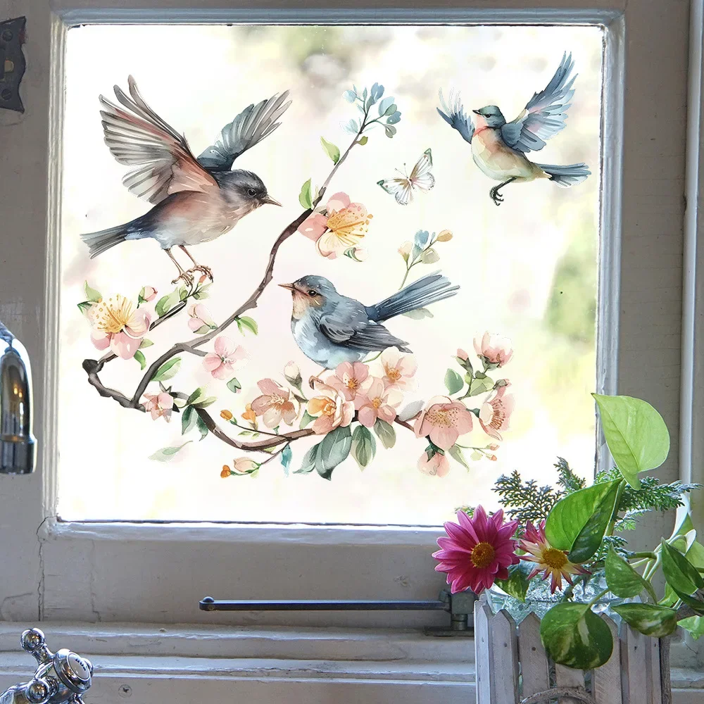 Peach Blossom Twig Bird Glass Window Home Landscaping Decoration Electrostatic Uv Window Sticker Full Body Mirror 1PCS