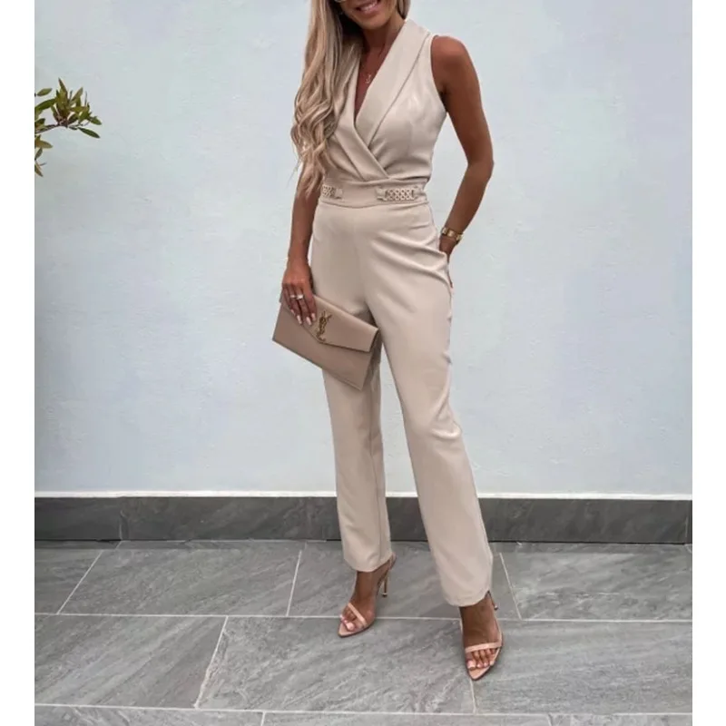 Women's Sexy Skinny Sleeveless Long Jumpsuit Temperament Commuting Solid INS Woman Metal Decor Fashion Backless Jumpsuits temperament deep v backless sleeveless women s jumpsuit sexy niche inspiration slim jumpsuit