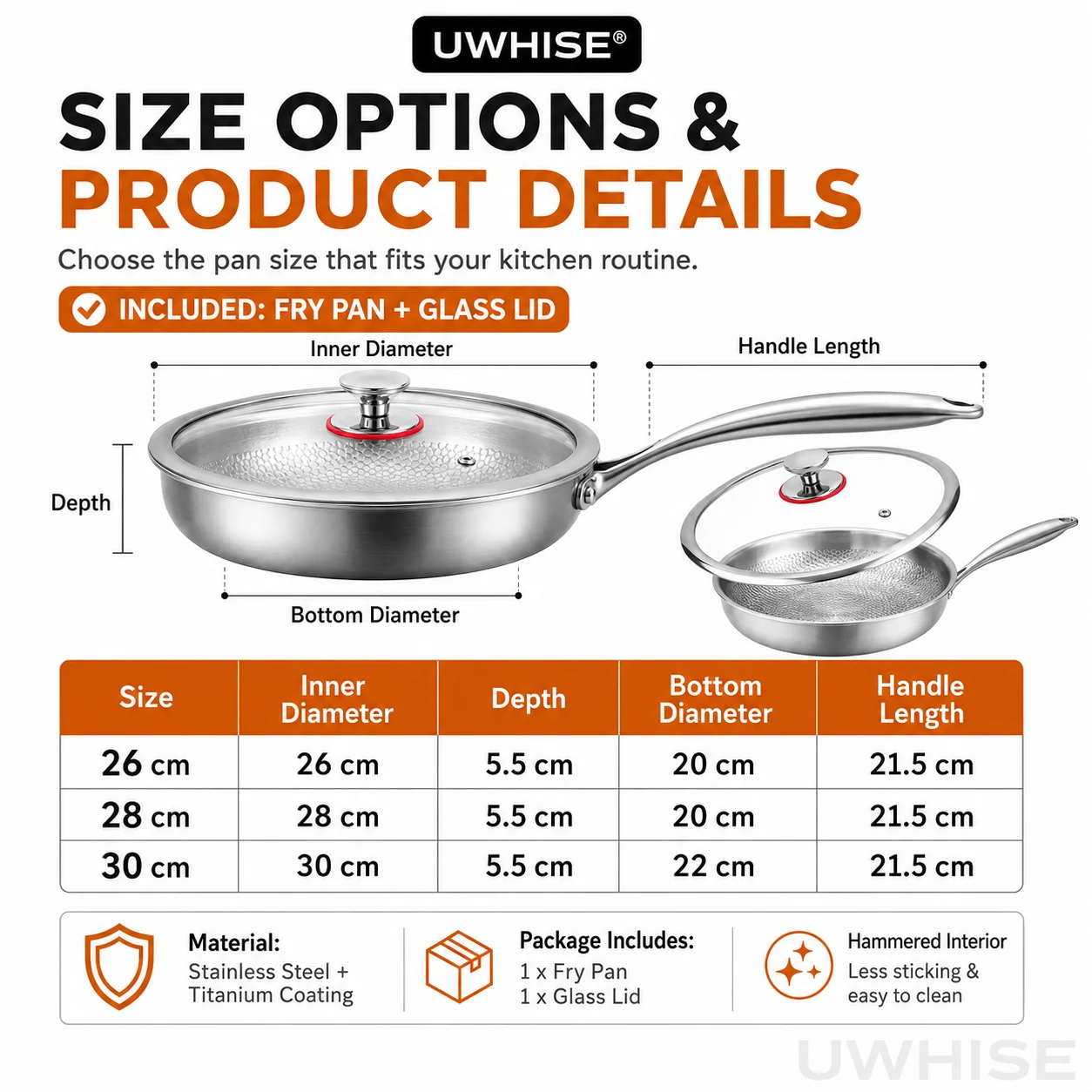 Uwhise Uncoated Titanium Frying Pan Non Stick Hammered Skillet With Glass Lid Metal Utensil Steak Eggs Kitchen Frying Pan