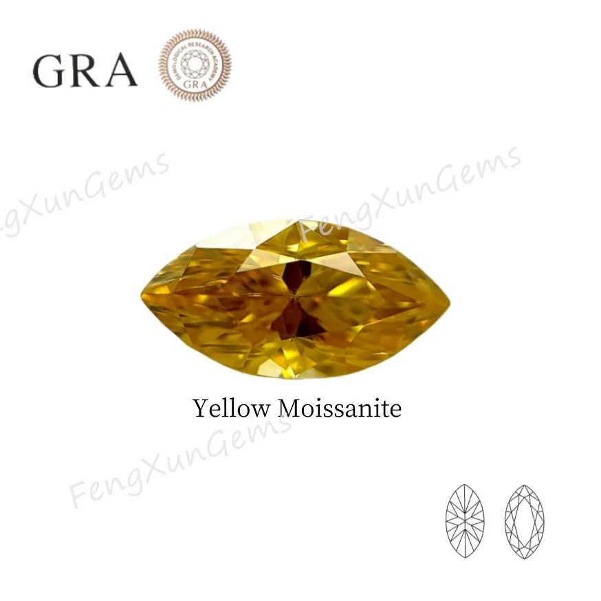 Yellow Color Moissanite Stone Excellent Marquise Cut synthetic Gemstone with GRA Report  VVS1for Women Jewelry Ring Making 1~3CT