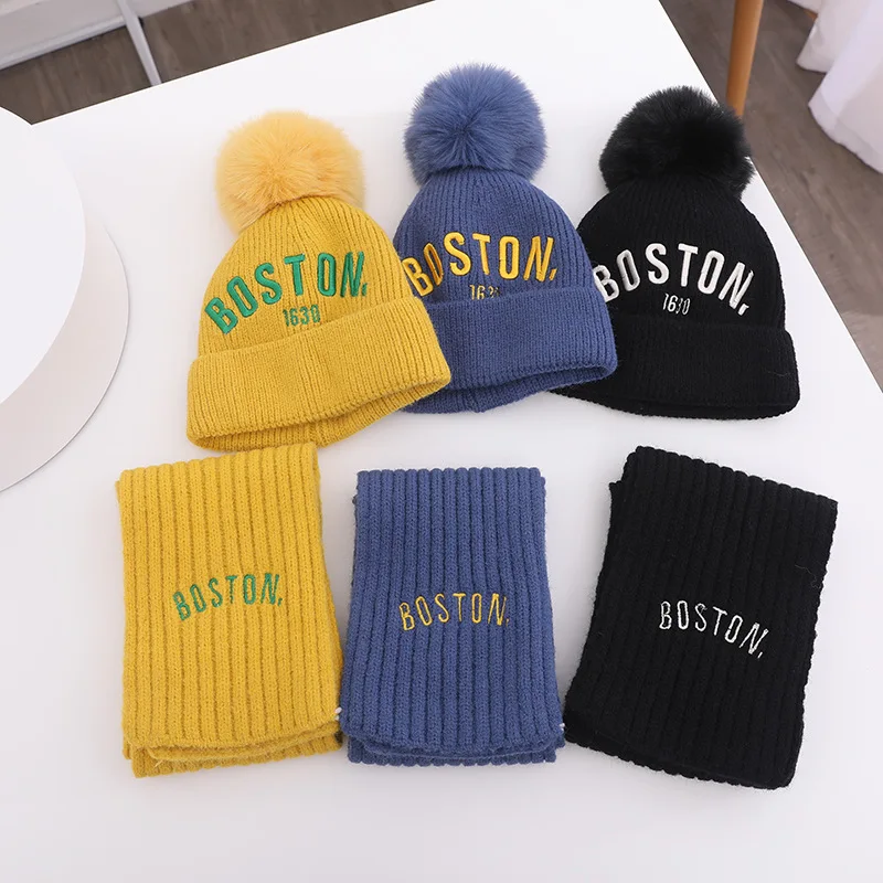 Doitbest baby kids beanie sets boston letters big fur ball 2 Pcs boys girls winter villus hat scarf set for 3 to 8 years