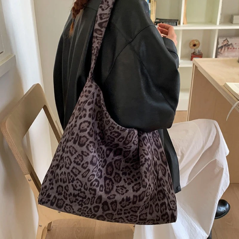 Autumn Winter Vintage Leopard Women's Tote Bag Large Capacity Suede Shoulder Bag Solid Simple Casual Handbags For Work Shopping
