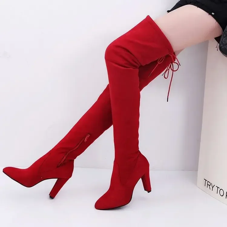 

2023 Winter Over The Knee Women Boots Stretch Fabrics High Heel Slip On Shoes Pointed Toe Woman Long Boots Size Plus Size34-43