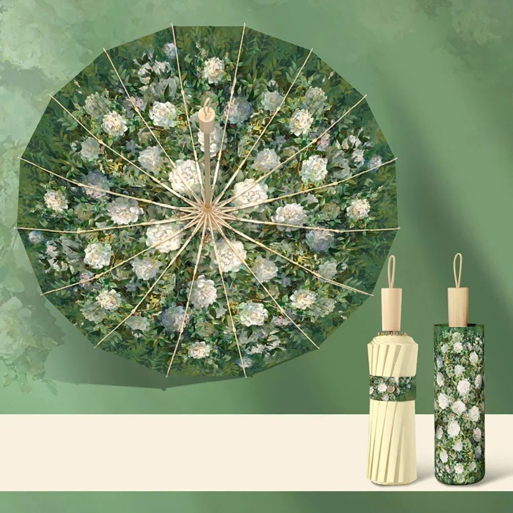 Stylish UPF50+ Floral Sun Umbrella with All-Weather UV Protection and Portable Folding Jacquard Cover