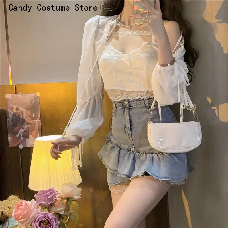 Skinny Sexy Crop Jackets Simple Pure Sweet Camisole Sets Women All-Match Lace Korean Style Summer Sun-Proof Ladies Bandage Chic