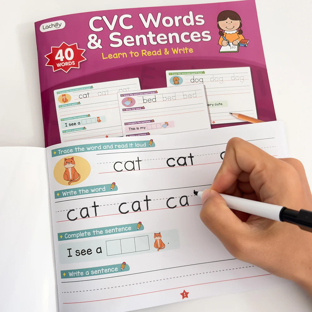 Englische CVC-Wörter & Sätze Arbeitsheft Homeschool-Lehrmaterialien Kinder Lesen & Schreiben Sichtwörter Rechtschreib- und Nachzeichnungsübungsbuch – Detail 7