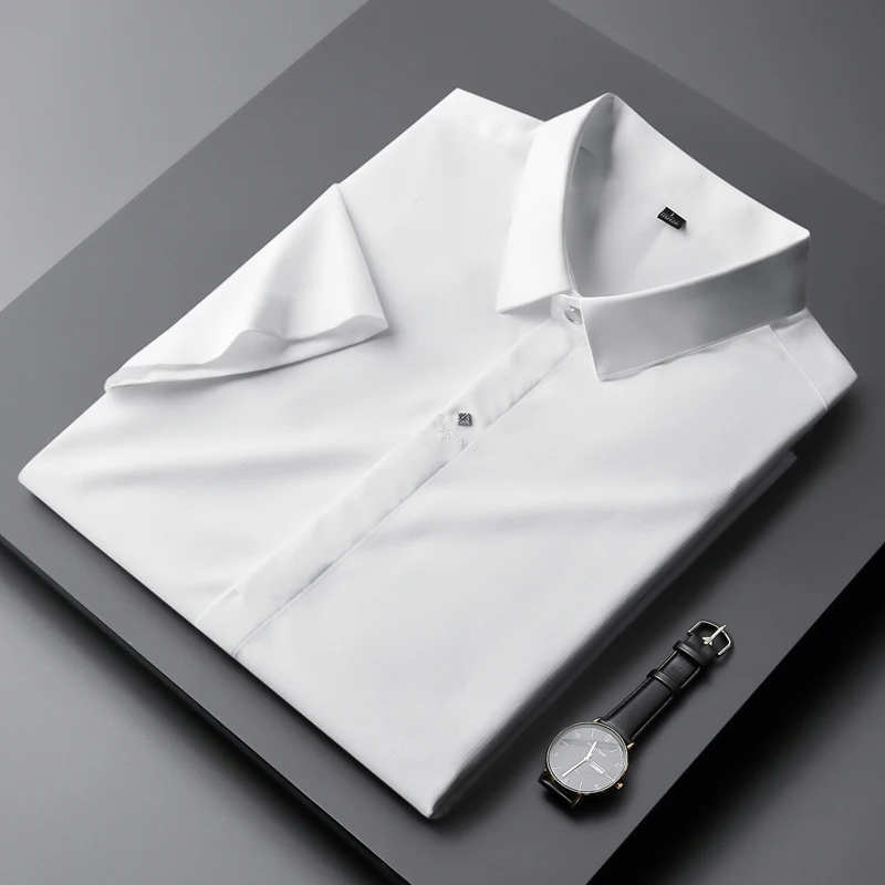 

Luxury Business Fashion Embroidered Short-sleeved Dress Shirt Tight Men's Hidden Placket Slim High-quality Tops