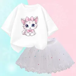 Adorable Summer Girls' Cartoon Cat T-Shirt & Tutu Skirt Set - 14T (White and White)