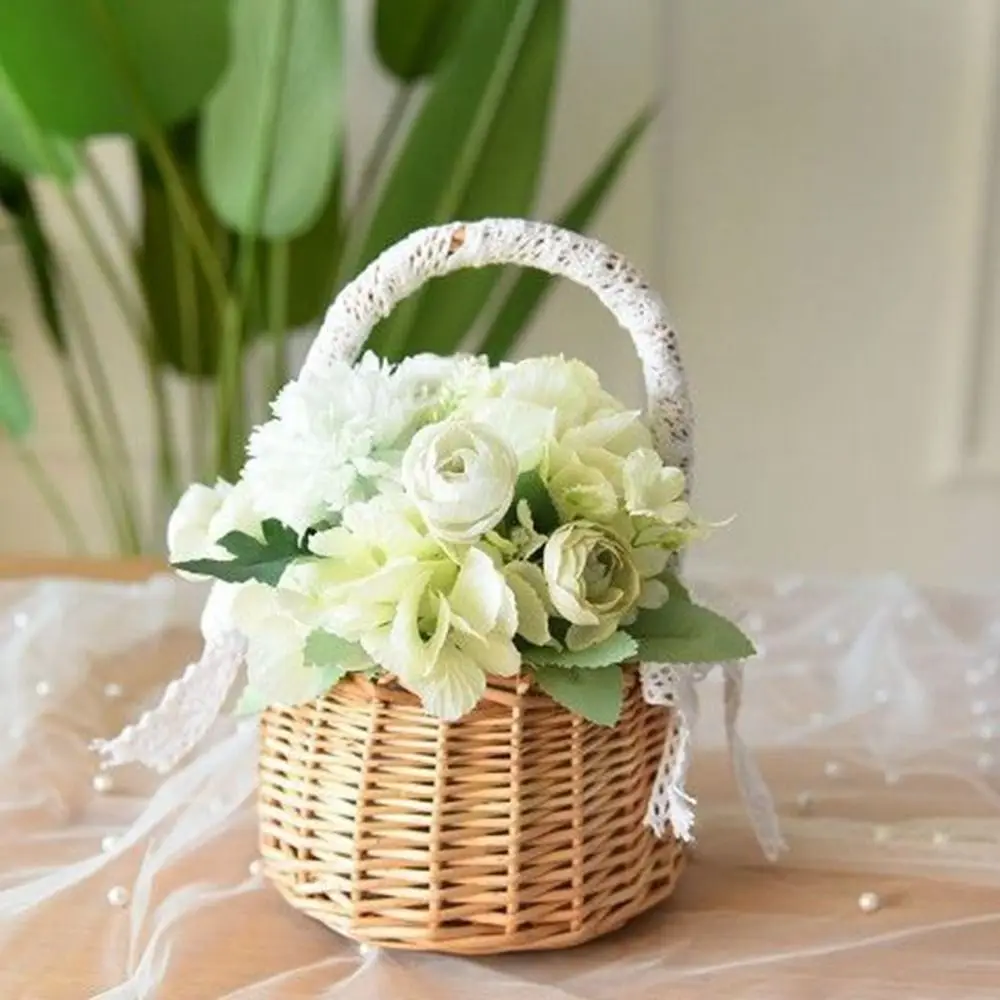 1Pc Exquisite Rattan Storage Basket Flower Pot Hand-woven Lace Bow Decoration Picnic Storage Baskets Wedding Supplies 4