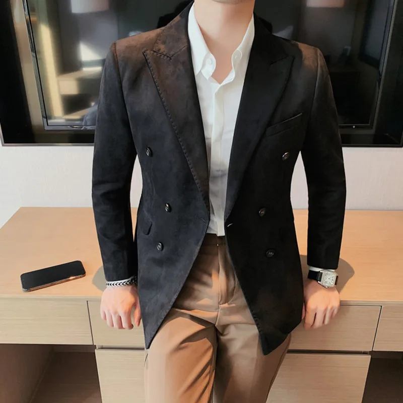 Spring Korean Fit Solid Color Two Grain Double breasted Suit Brand Clothing Men's Suede Fabric Fit Fashion Suit Jacket