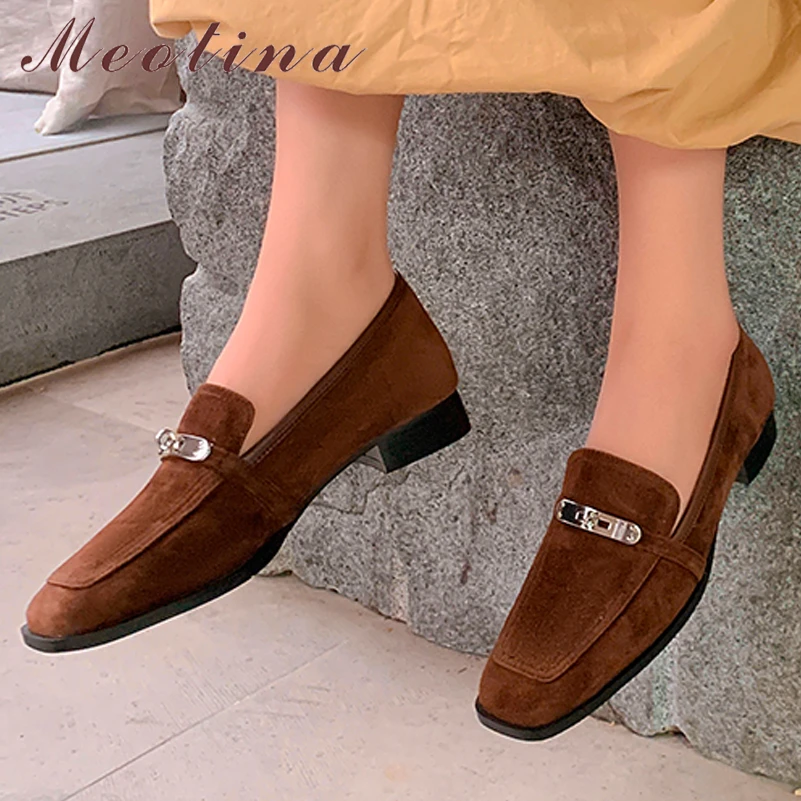 

Meotina Women Genuine Leather Loafers Square Toe Flat Buckle Ladies Casual Kid Suede Fashion Shoes Autumn Spring Brown Black 40