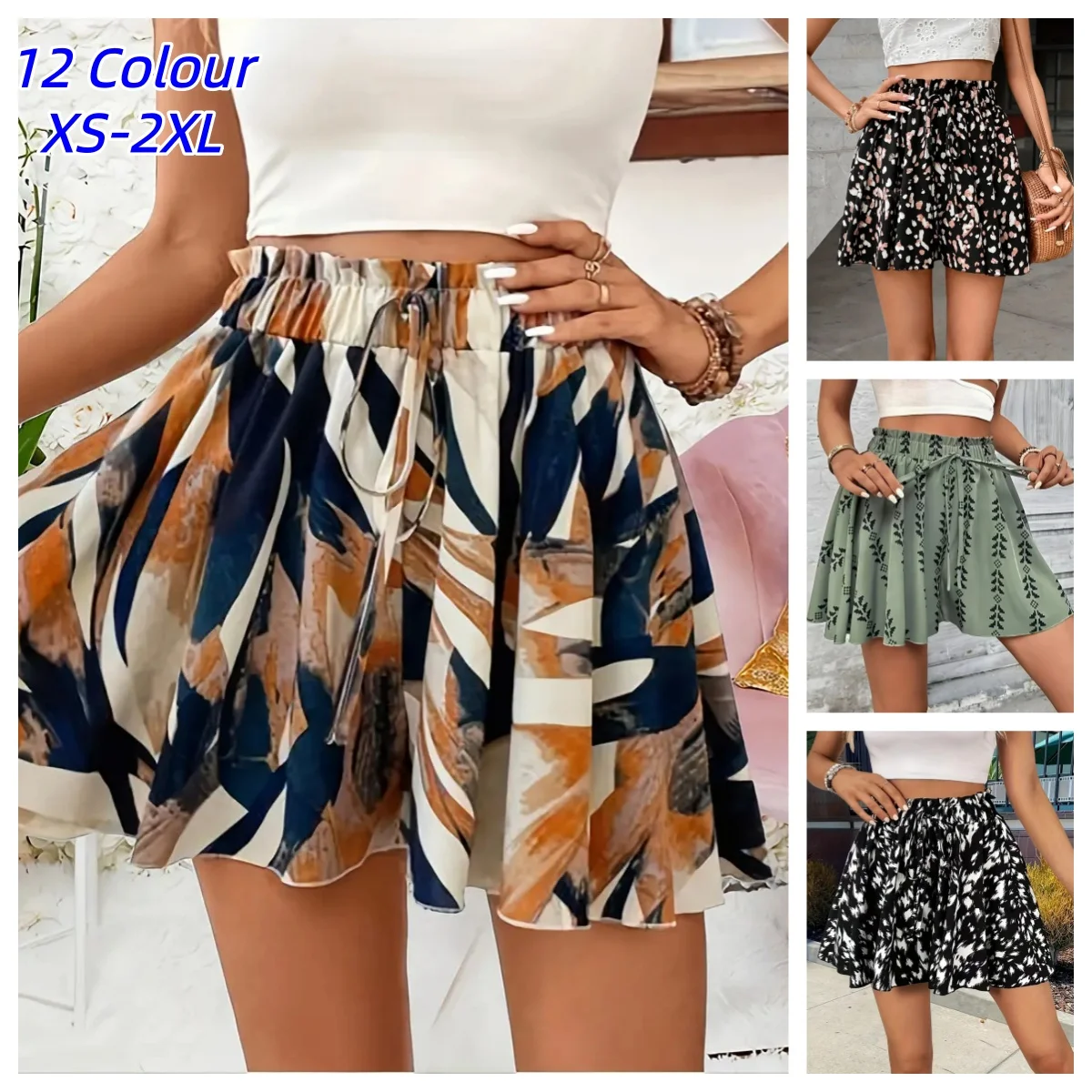 Women New Floral Print Drawstrings Elastic Waist Shorts Summer Fashion Bohemian Beach Bottom Loose Wide Leg Ruffle Hem Shorts 1