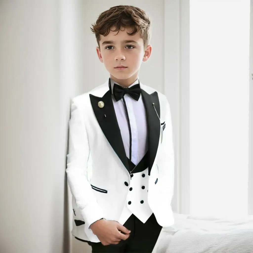 Flower Boys 3 Piece Party Tuxedos Suit Set with Peak Lapel Blazer Vest Pants - Slim Fit Wedding Attire for Kids 2-18 Years Old