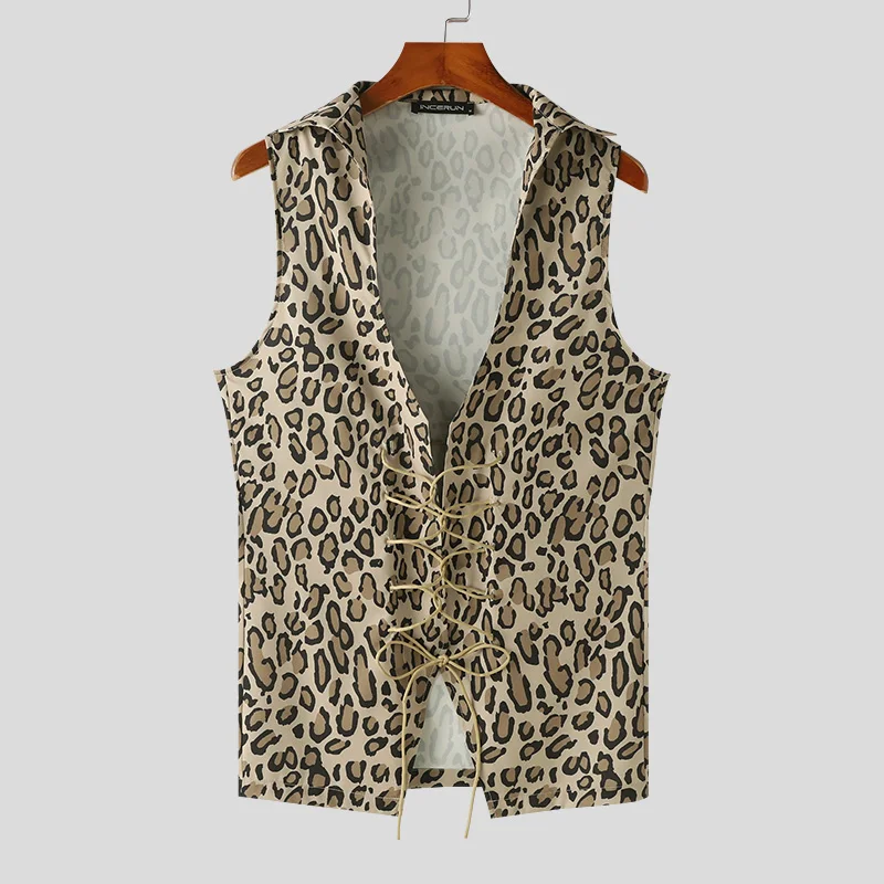 thumbnail image 1 of INCERUN Tops 2024 estilo americano moda hombres cordón cuello en V chalecos personalidad masculina leopardo estampado sin mangas camisetas sin mangas S-5XL, 1 of 5