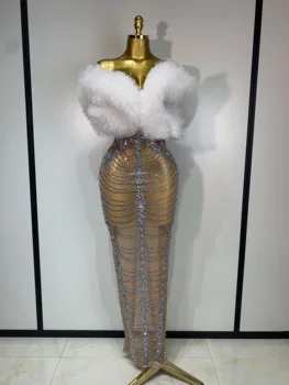 Women Sexy Strapless Rhinestone Bodycon Dress Luxury Birthday Party Costume Bar Nightclub Celebrity Stage Performance Outfit 1
