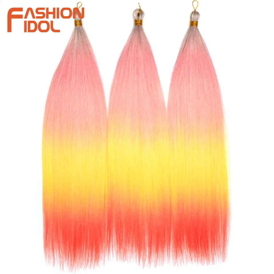 FASHION IDOL 28 inches 300g/3pcs Straight Hair Bundles Crochet Hair Synthetic Braiding Hair Ombre Rainbow Braids Hair Extensions 2